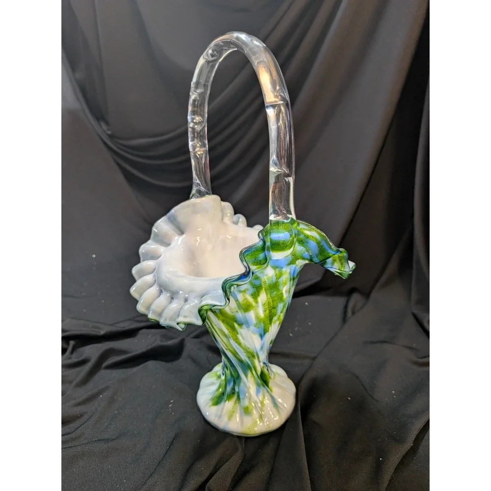 Fenton Murrhina Blue Green Aventurine Glass Handle Ruffle Basket 11